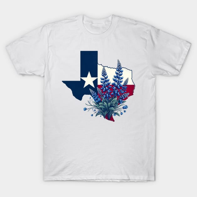 Texas Wildflowers - Texas Flag with Bluebonnets T-Shirt by JessArty